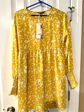 New Dokotoo Women’s Small Yellow Floral-Print Long-Sleeve Dress p/p20 length 35